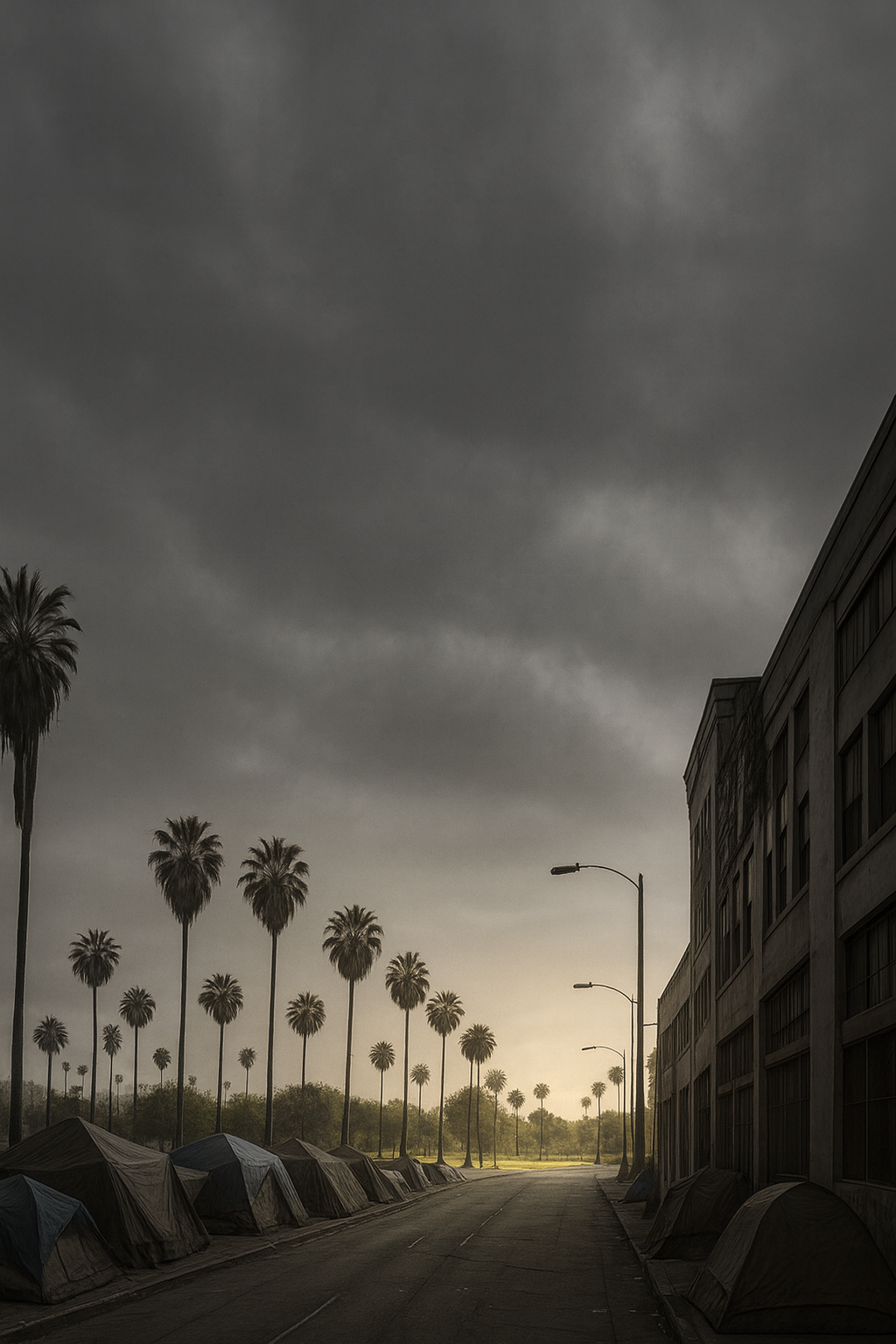 Generated: encampments along the street with palm trees in the background